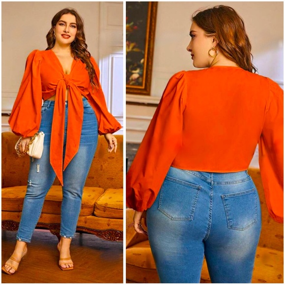 DONATED Lathern Sleeve Knot Front Crop - XXL - Orange - Picture 1 of 8